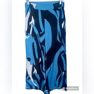 FHQ Collection Blue White Wide Flare Palazzo Pants Abstract Print Size S